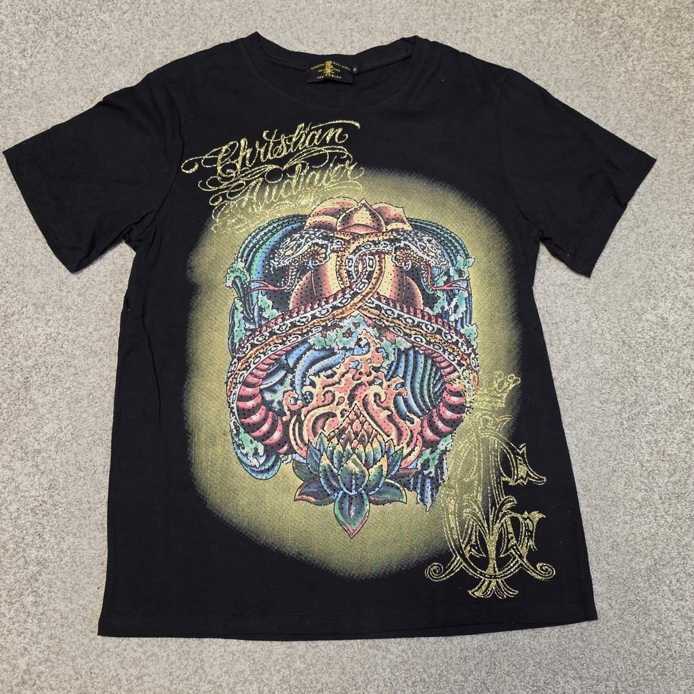 Christian Audigier Mens Y2K Snake Lotus Rhinestone Graphic Tee Black USA NWOT
